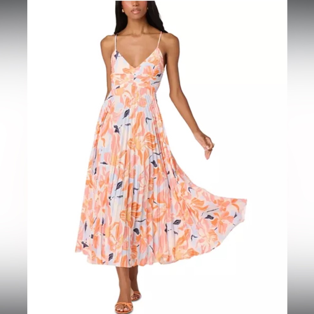 Pleated Floral Spaghetti-Strap Midi Dress in Peach